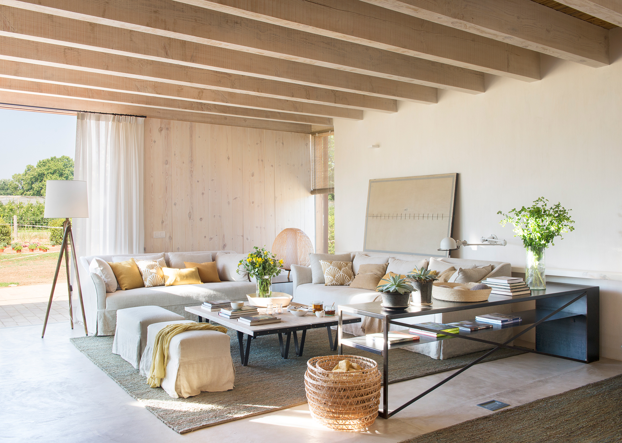 Un salón moderno con piel de microcemento y madera.