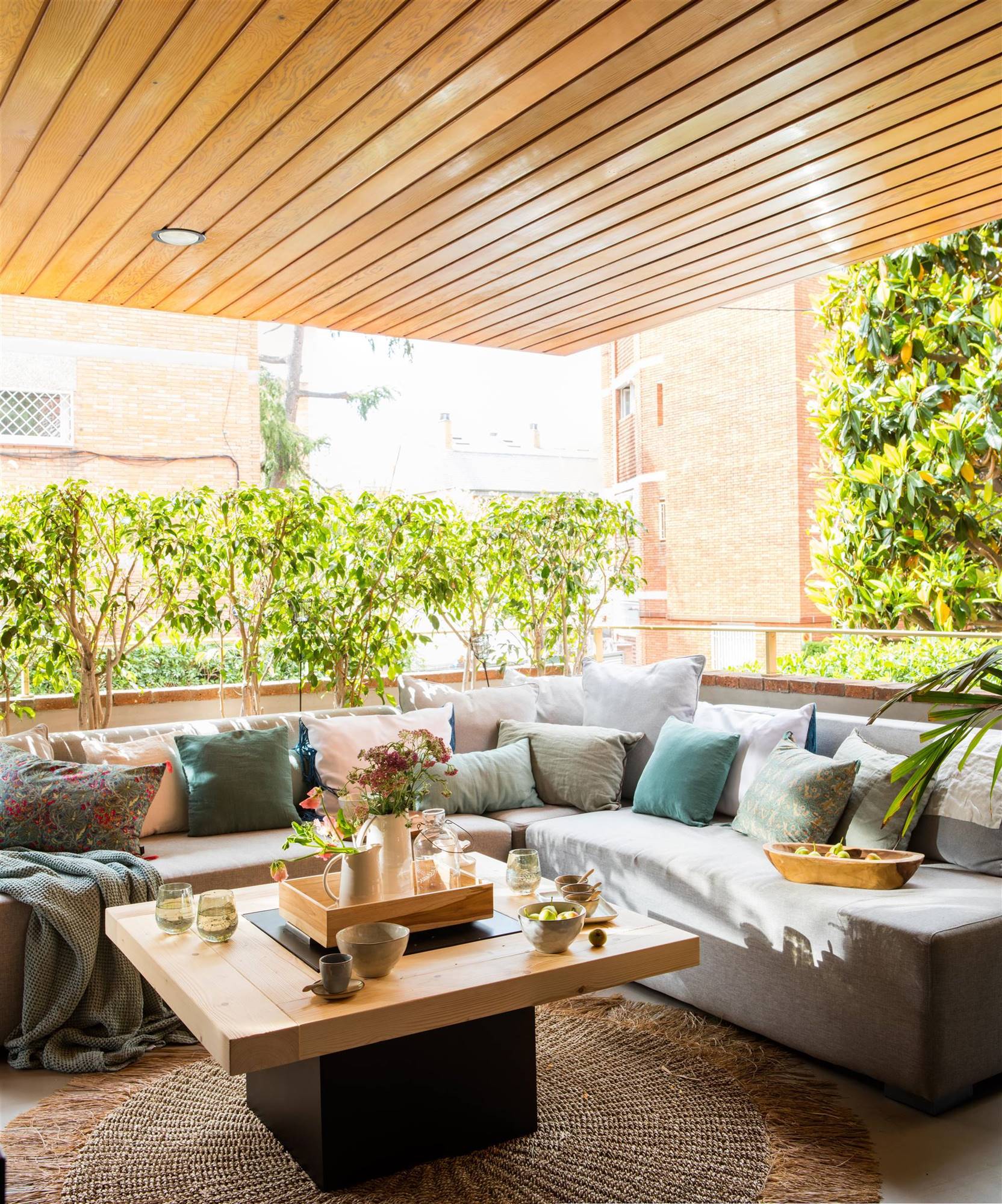 Terraza urbana con sofás y plantas. 
