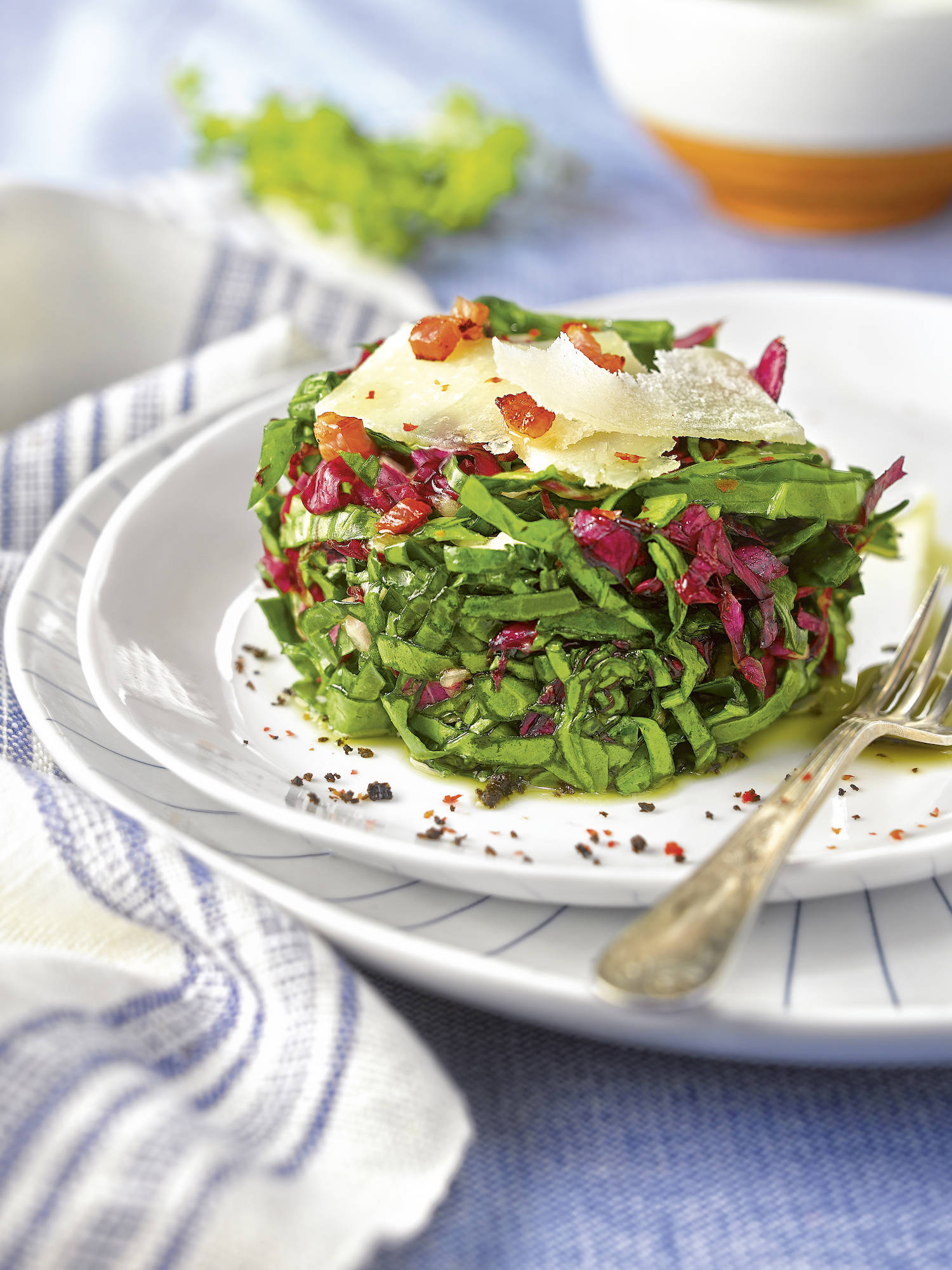 Ensalada de verdura con corte chiffonade.