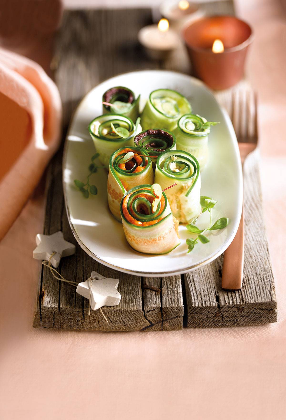 Receta de rollitos de pepinos con patés vegetales.
